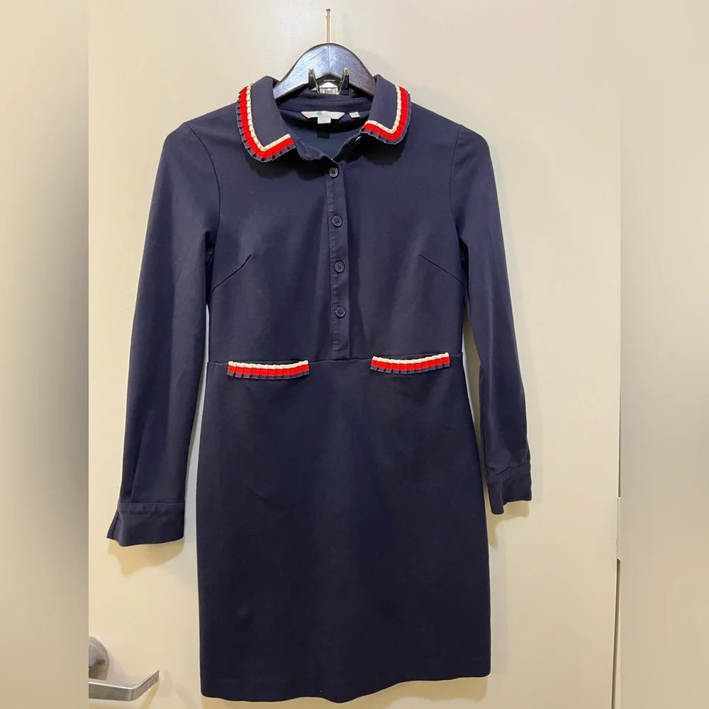 BODEN Navy Blue Shift Dress Red/White/ Blue Pleated Detail Neck & Pocket Size 6P - Picture 1 of 7